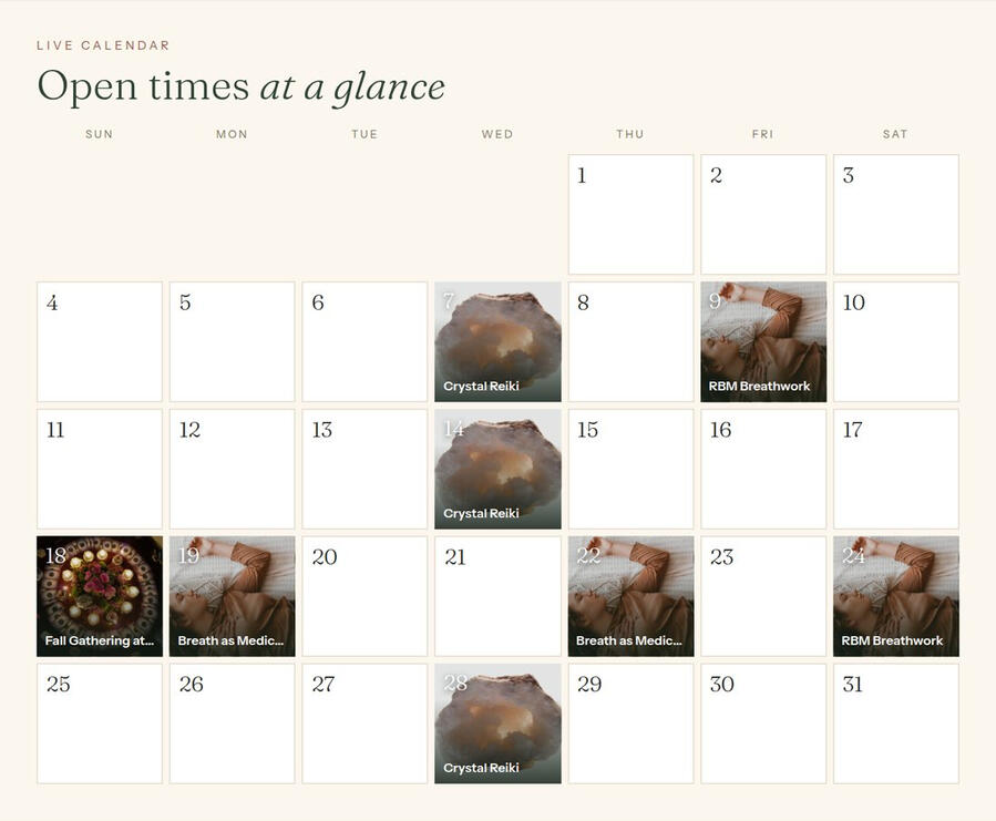 Calendar of open sessions with photos for each session type